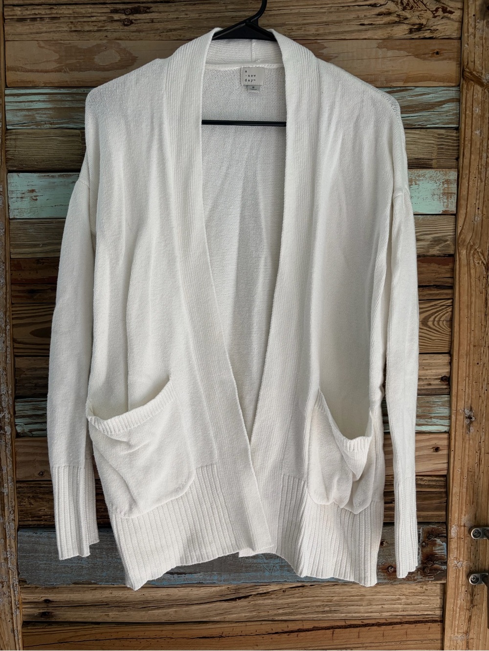 A New Day White Open Front Cardigan Sweater S Oversized Pocket Longline